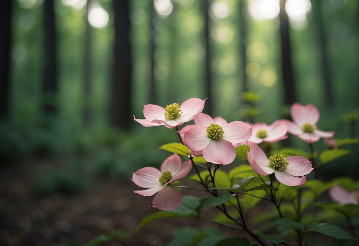 A Cherokee pink dogwood tree blooms in a peaceful forest clearing