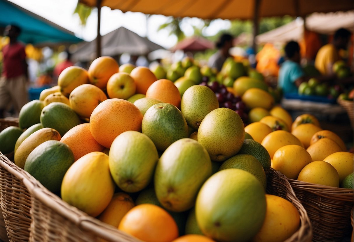 Lush tropical fruits like mangoes, papayas, and coconuts fill the vibrant market stalls in the Dominican Republic. The sun shines down, casting a warm glow on the colorful array of produce