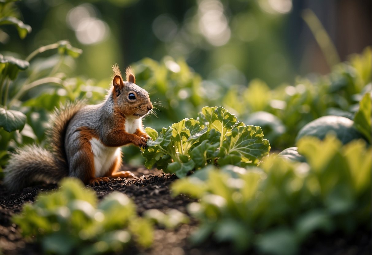 Squirrels nibble on vegetable plants in a garden