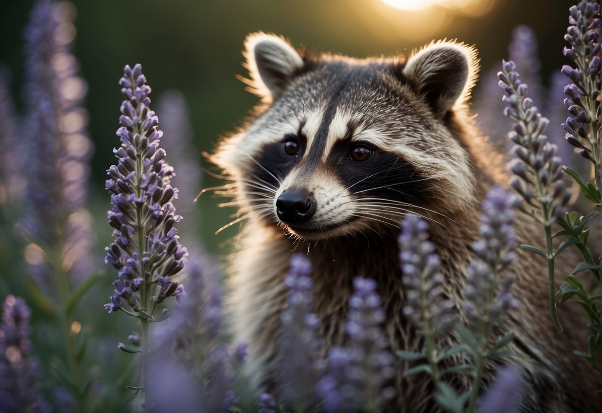 A raccoon sniffs lavender flowers in a garden at dusk