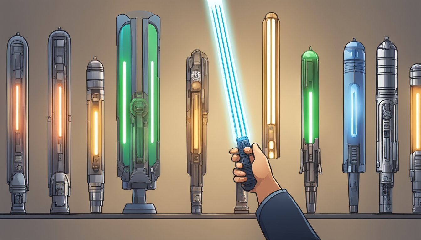 A hand reaches out to select a lightsaber from a display of various options, with a glowing light illuminating the choices