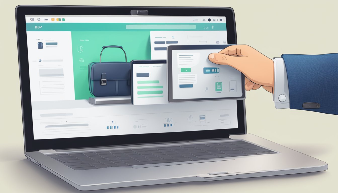 A hand clicks "buy" on a laptop as a luggage bag appears on the screen