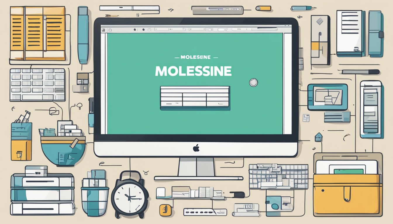 A computer screen displaying a website with the words "buy moleskine online" in bold letters, surrounded by images of various Moleskine notebooks and a "Add to Cart" button