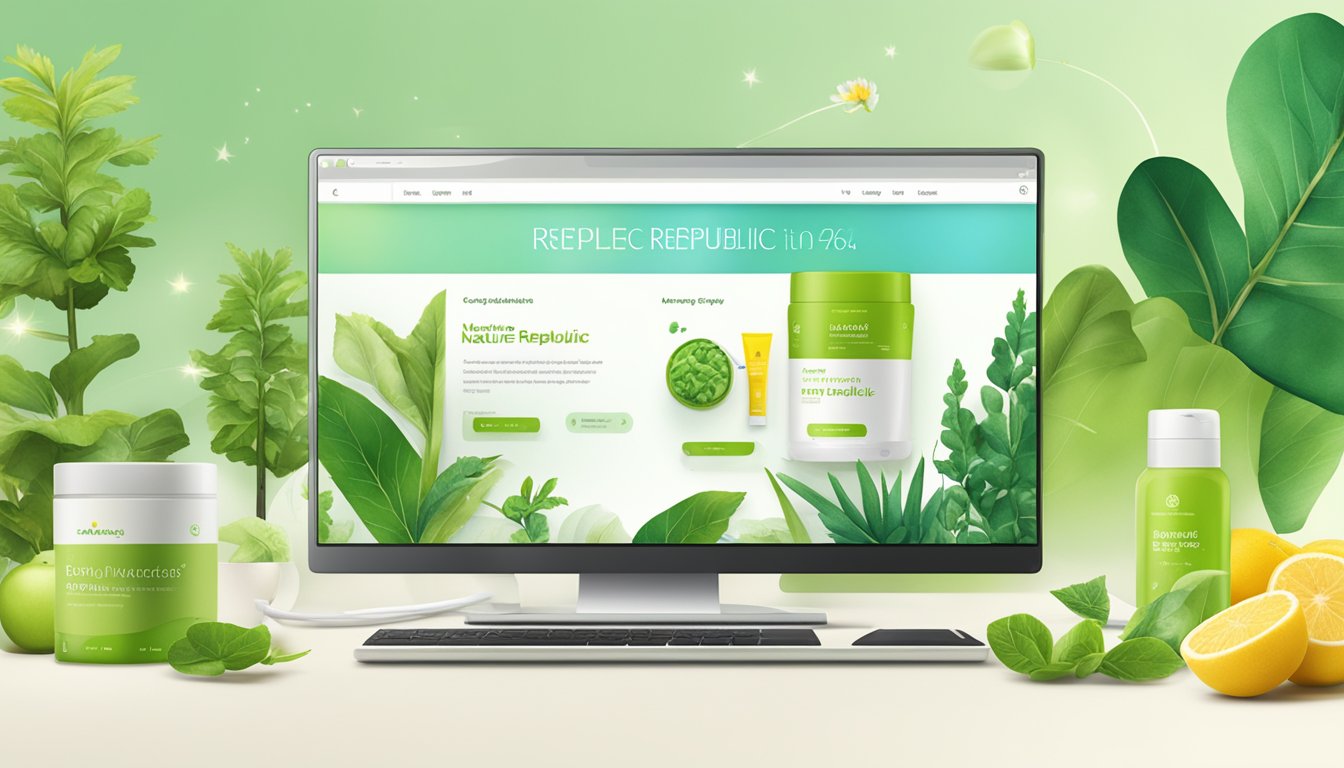 A computer screen displaying the Nature Republic website with various products and a "buy now" button