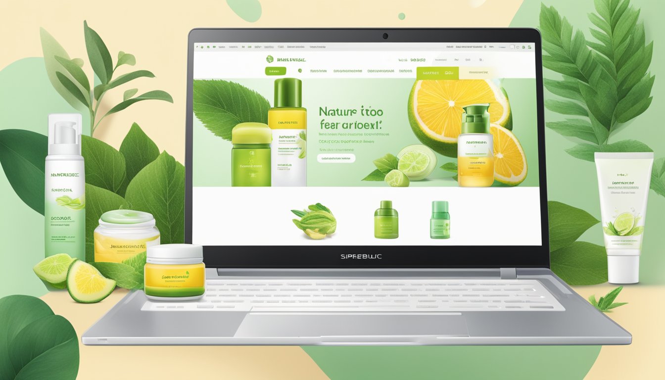 A laptop displaying the Nature Republic website with various skincare products. A cursor hovers over the "Add to Cart" button