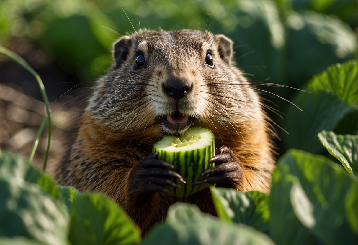 A groundhog eagerly munches on a fresh cucumber, its sharp teeth crunching through the green skin as it savors the juicy flesh
