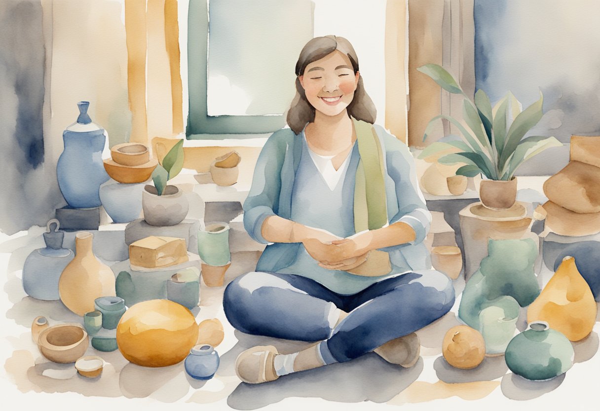 A person sits cross-legged, surrounded by soft, comforting objects. They hold a gentle smile, as if speaking kindly to themselves