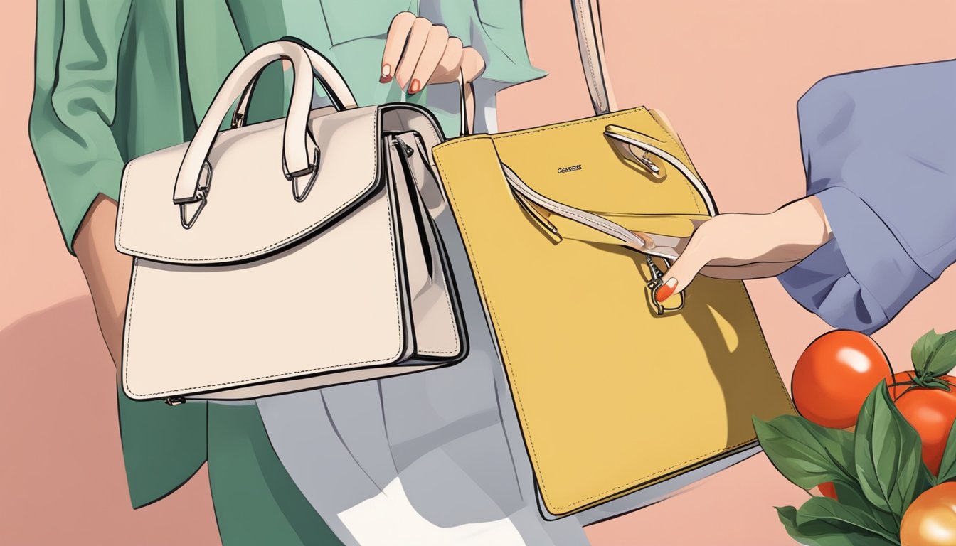 A woman's hand reaches for a Caprese handbag on a sleek online shopping website