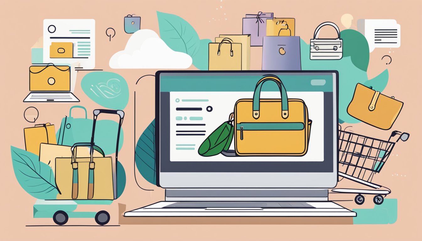 A laptop with a "Frequently Asked Questions" webpage for online caprese handbags open on the screen, surrounded by various caprese handbag designs and a shopping cart icon