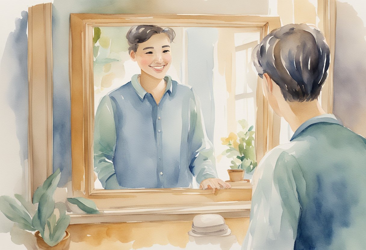 A person standing in front of a mirror, speaking kindly to themselves with a smile on their face