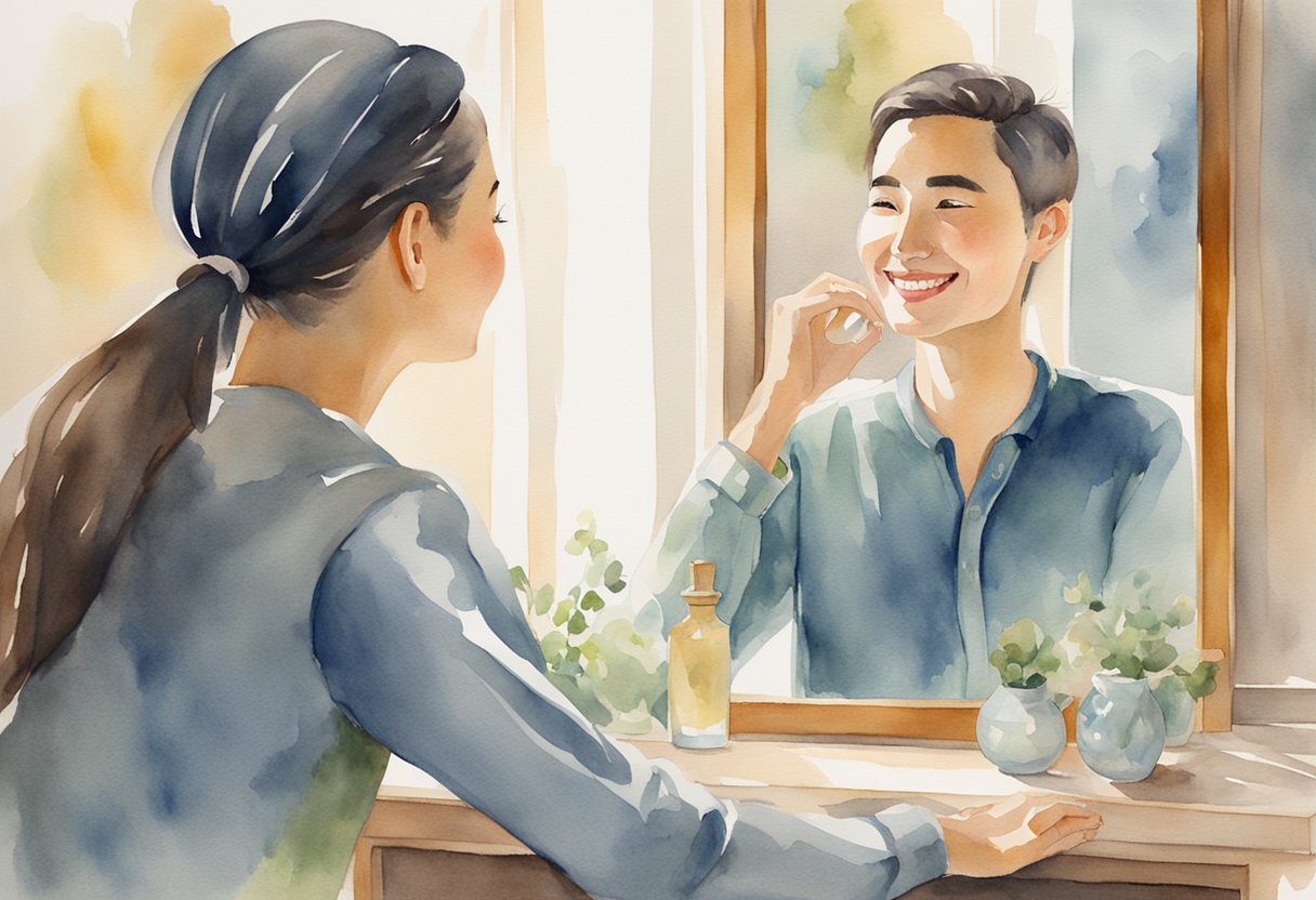 A person's reflection in a mirror, speaking kindly to themselves with a smile