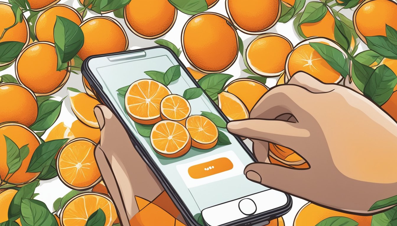 Oranges being selected and purchased on a smartphone or computer