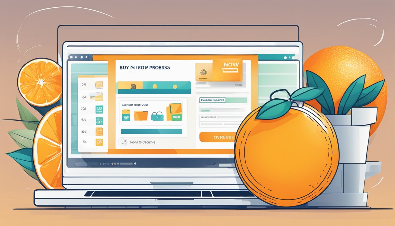 A computer screen displaying a website with various oranges for sale, a "Buy Now" button, and a secure checkout process