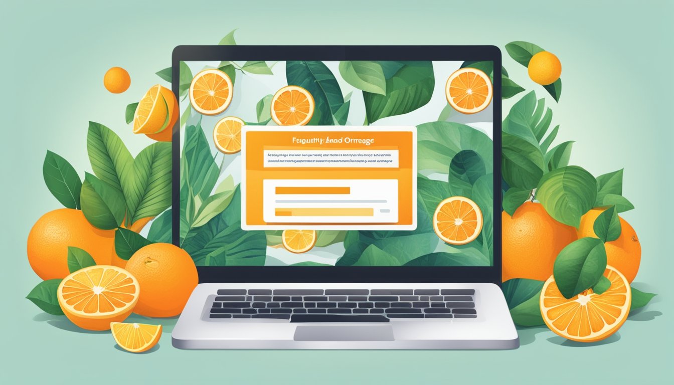 A laptop displaying a webpage with the title "Frequently Asked Questions buy oranges online" surrounded by various citrus fruits and a delivery box