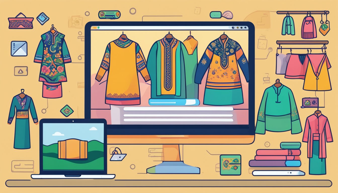 A laptop displaying a website with Pakistani clothing, a secure payment icon, and a variety of colorful traditional garments