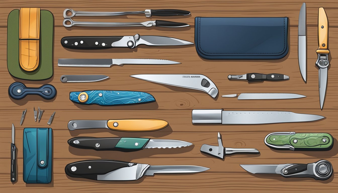 A hand reaches for a sleek pocket knife on a wooden display, surrounded by various other knives and tools