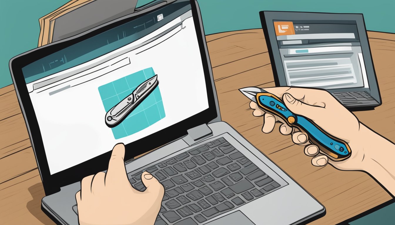 A hand holding a pocket knife with a computer screen in the background showing a website with the words "Frequently Asked Questions buy pocket knife online"