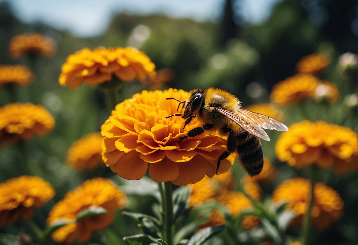 Marigolds repelling bees in a garden