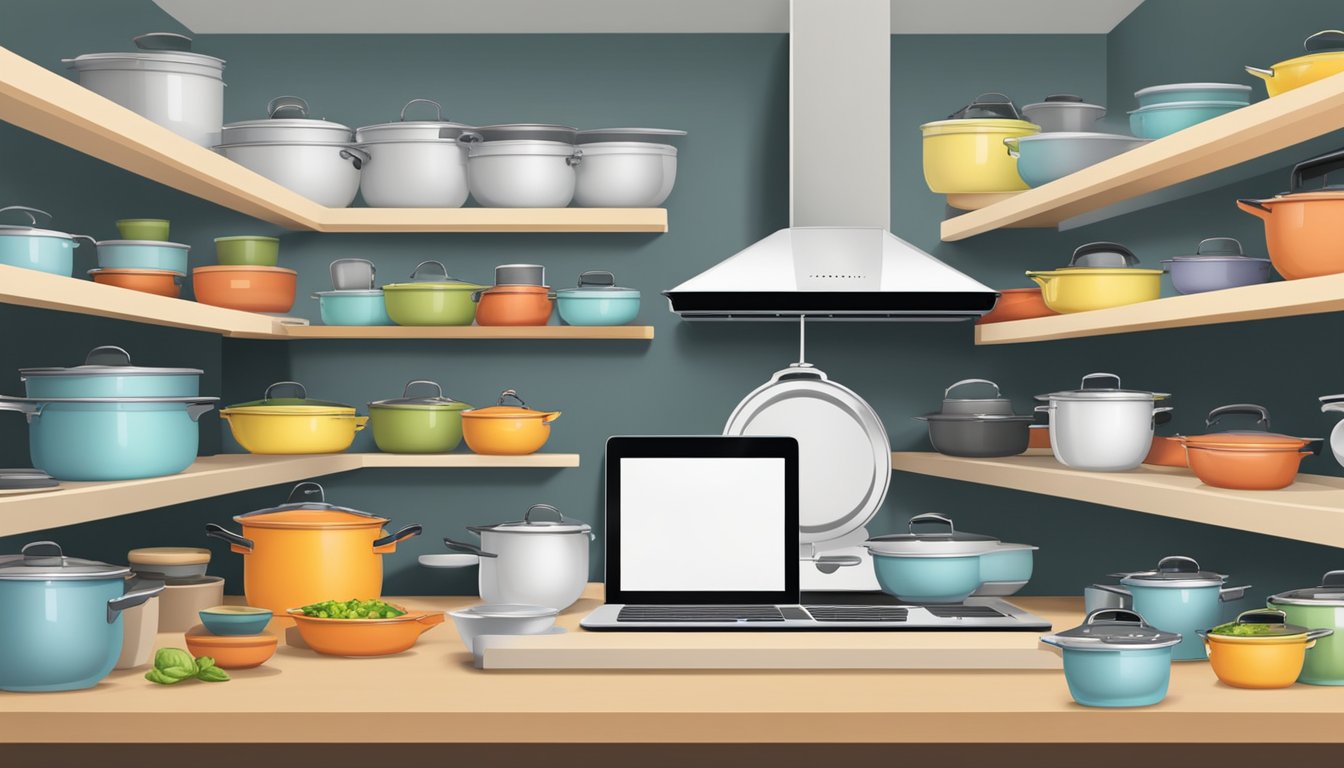 A kitchen with various types of cookware displayed on shelves and countertops, with an online shopping website open on a computer screen