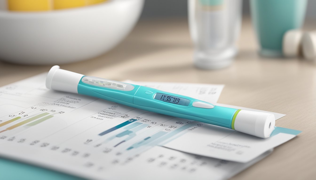 A positive pregnancy test sits on a bathroom counter next to a leaflet on understanding results. A calendar with highlighted dates is visible in the background
