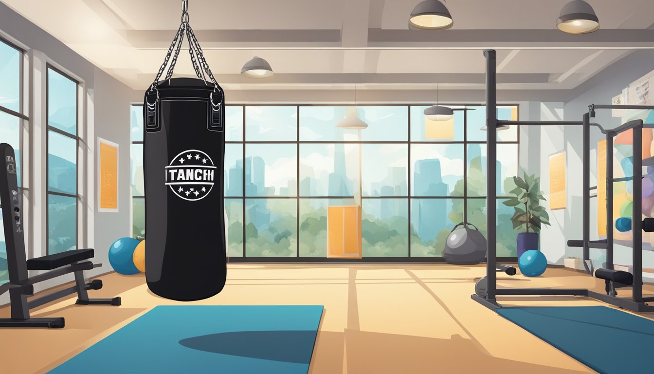 A punching bag hangs in a well-lit gym, surrounded by exercise equipment and motivational posters