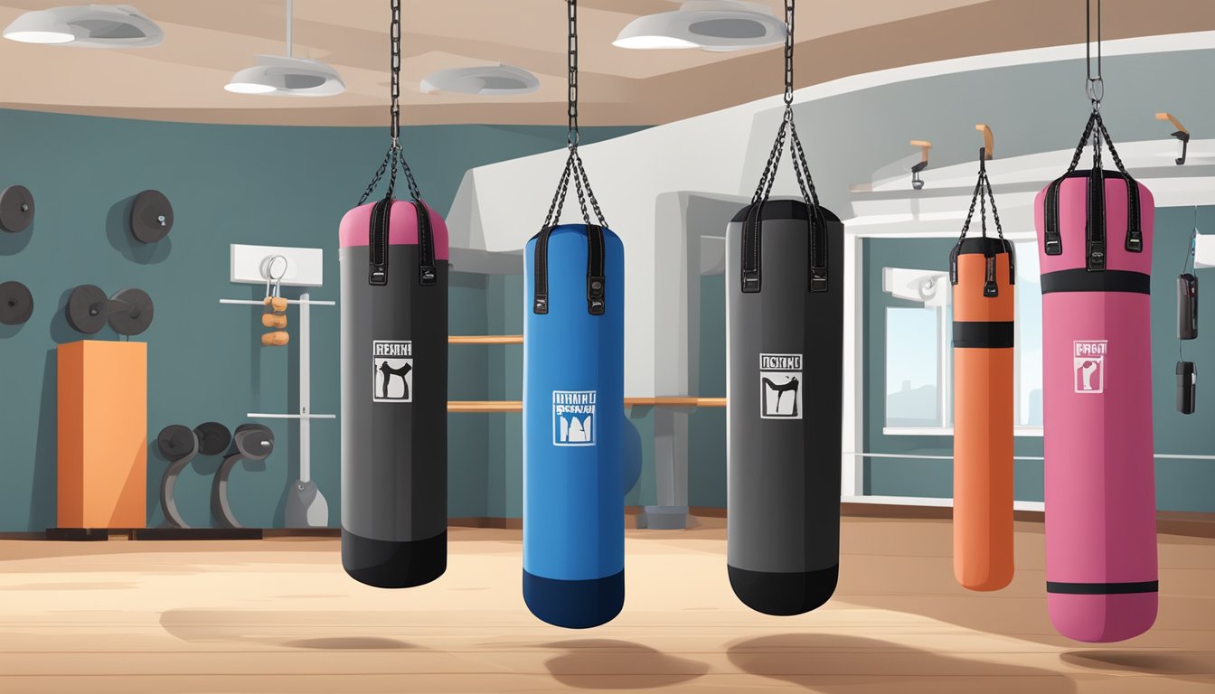 A sturdy punching bag hangs in a well-lit gym, surrounded by various sizes and styles. It is labeled with weight capacity and material information