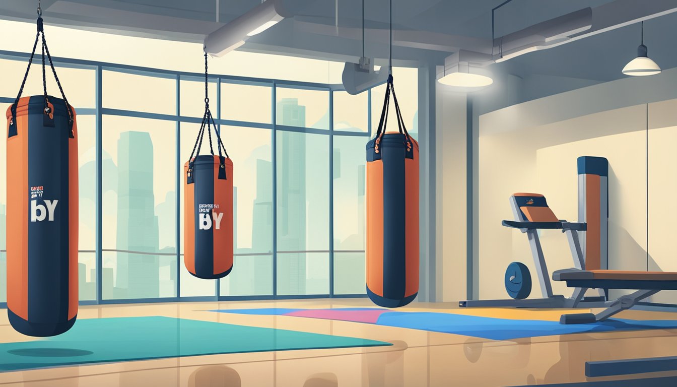 A punching bag hanging in a gym, with a sign reading "Frequently Asked Questions buy punching bag singapore" displayed prominently nearby