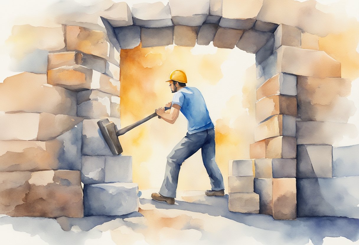 A person breaking through a wall with a sledgehammer, symbolizing the challenges and barriers of entrepreneurship and intrapreneurship