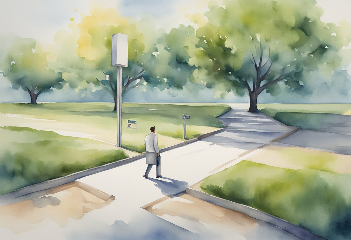 An individual standing at a crossroads, one path leading to a corporate office symbolizing intrapreneurship, and the other path leading to a startup company symbolizing entrepreneurship