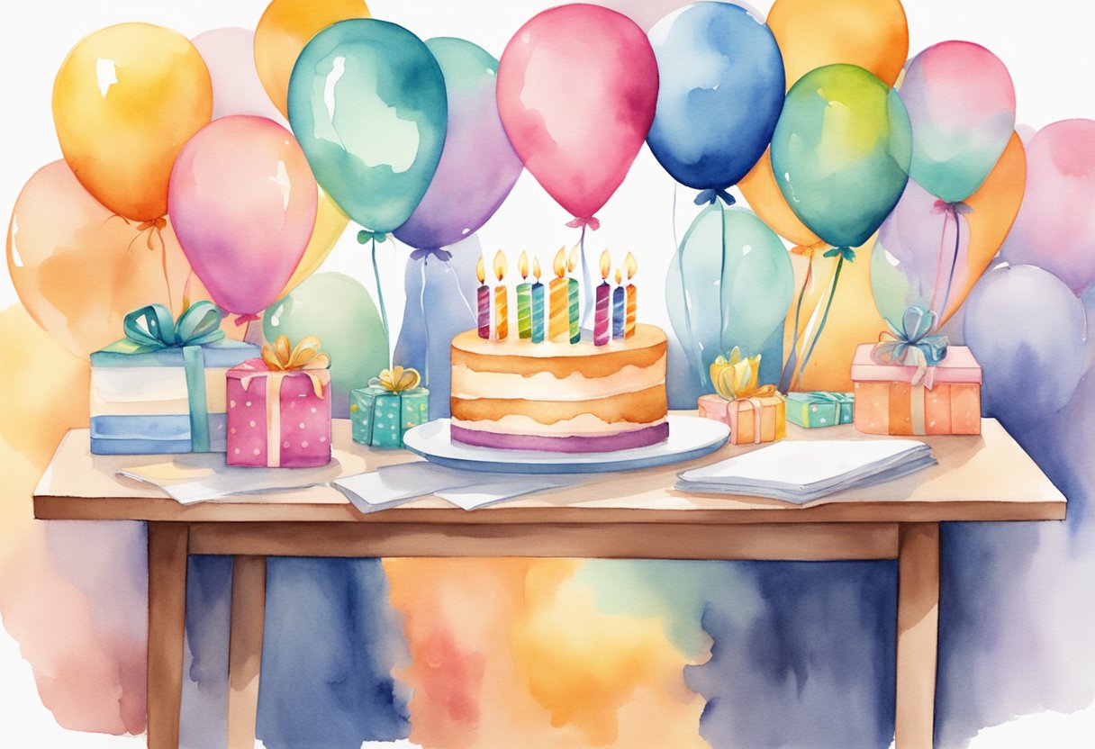 Colorful balloons and streamers decorate an office desk. A cake with lit candles sits in the center, surrounded by presents and a printed birthday card