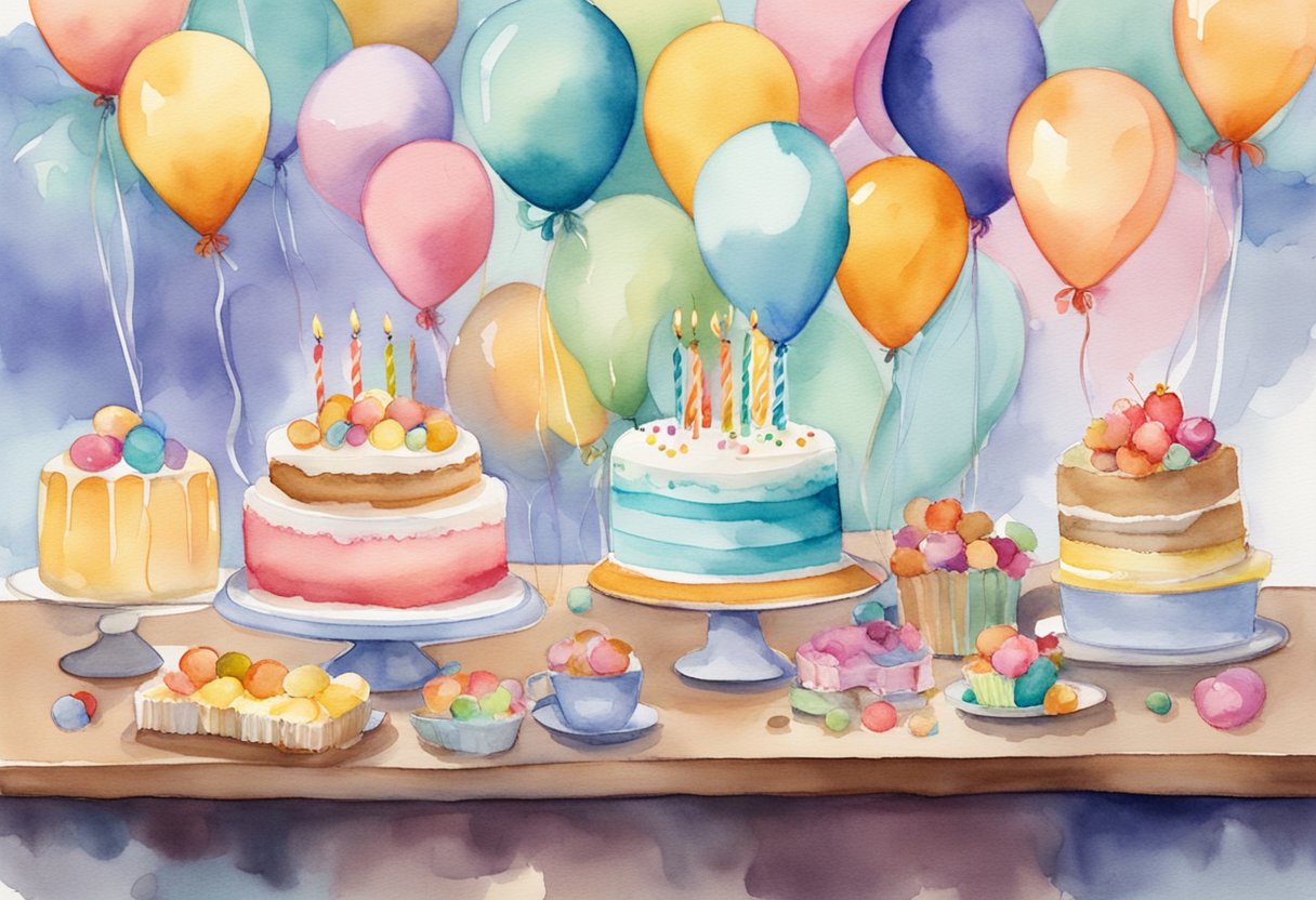 A group of colorful balloons and a beautifully decorated cake sit on a table, surrounded by smiling colleagues. A card with heartfelt birthday wishes is propped up next to the treats