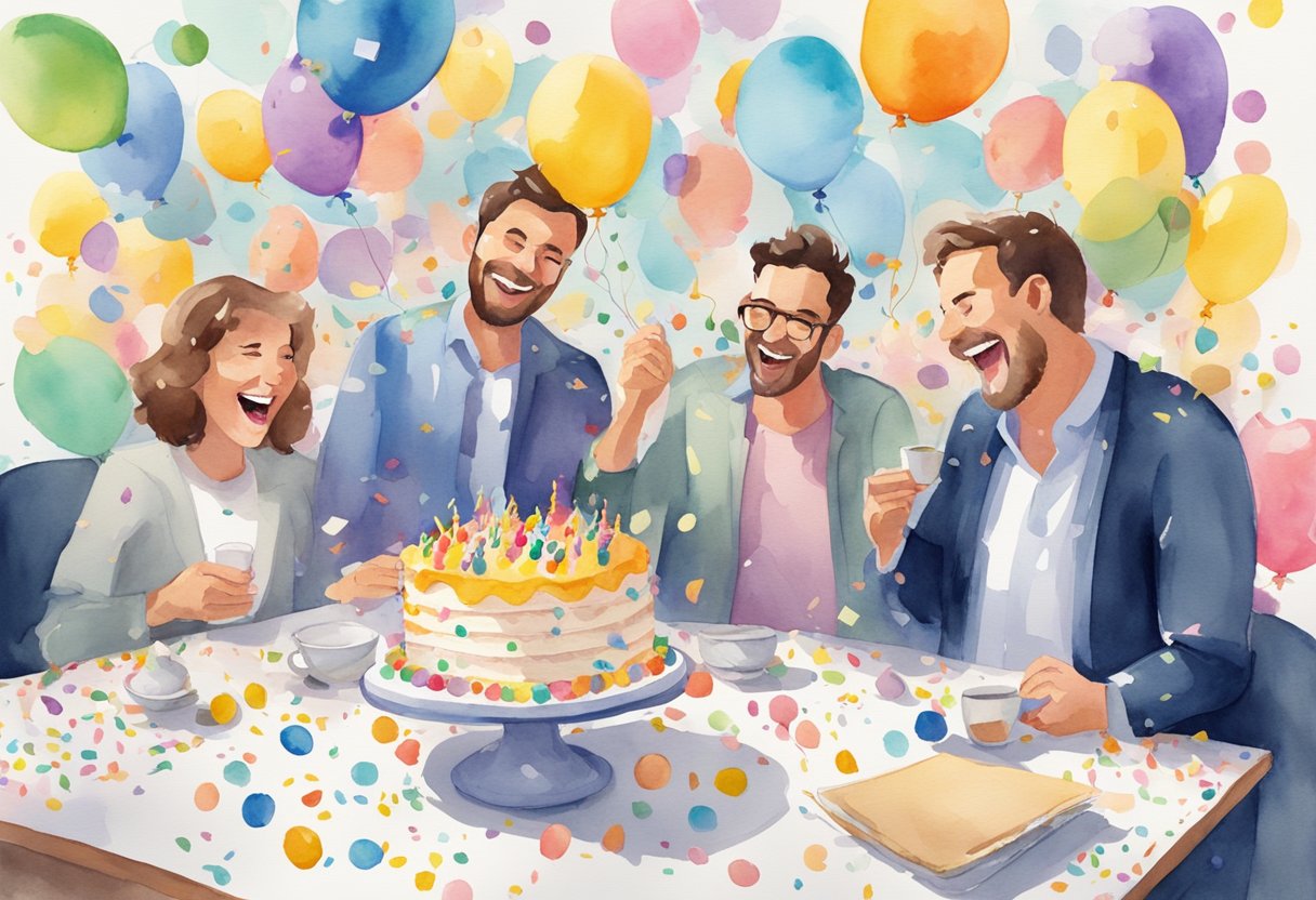 Colorful balloons and confetti surround a desk with a birthday cake and a comically oversized card. Colleagues are laughing and sharing jokes, creating a lively and joyous atmosphere