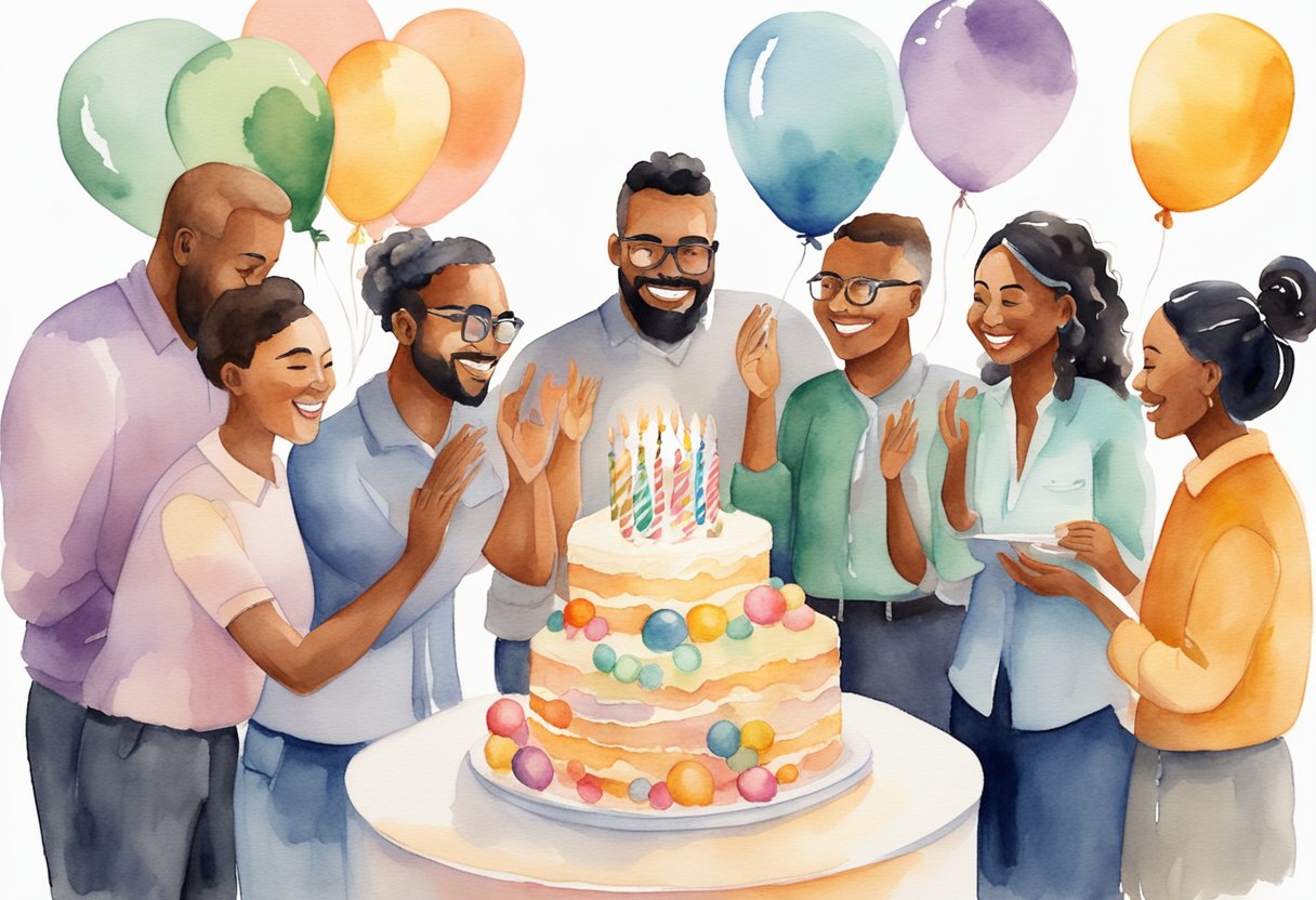A group of diverse colleagues gather around a birthday cake, smiling and clapping. Decorations and balloons fill the room, creating a festive atmosphere