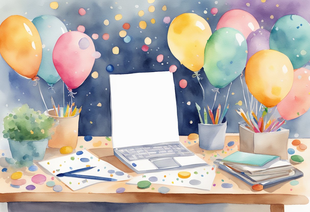 Colleague's desk with birthday card, balloons, and confetti. Smiling faces in the background
