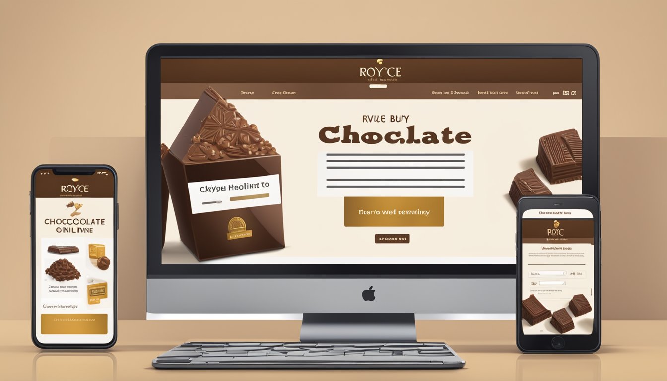 A computer screen displaying a website with the option to "buy Royce chocolate online." A cursor hovers over the "add to cart" button