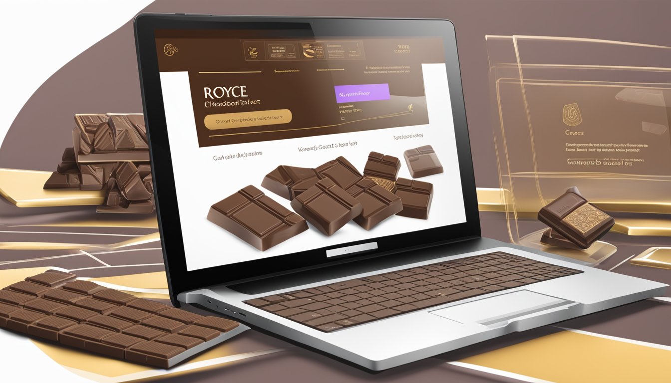 A laptop displaying the Royce Chocolate website with a variety of chocolates. A cursor clicks on the "Add to Cart" button