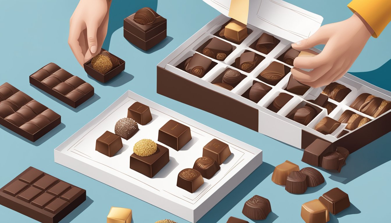 A table displays a variety of Royce chocolates in elegant packaging. A person's hand reaches for a box, while others are neatly arranged around it