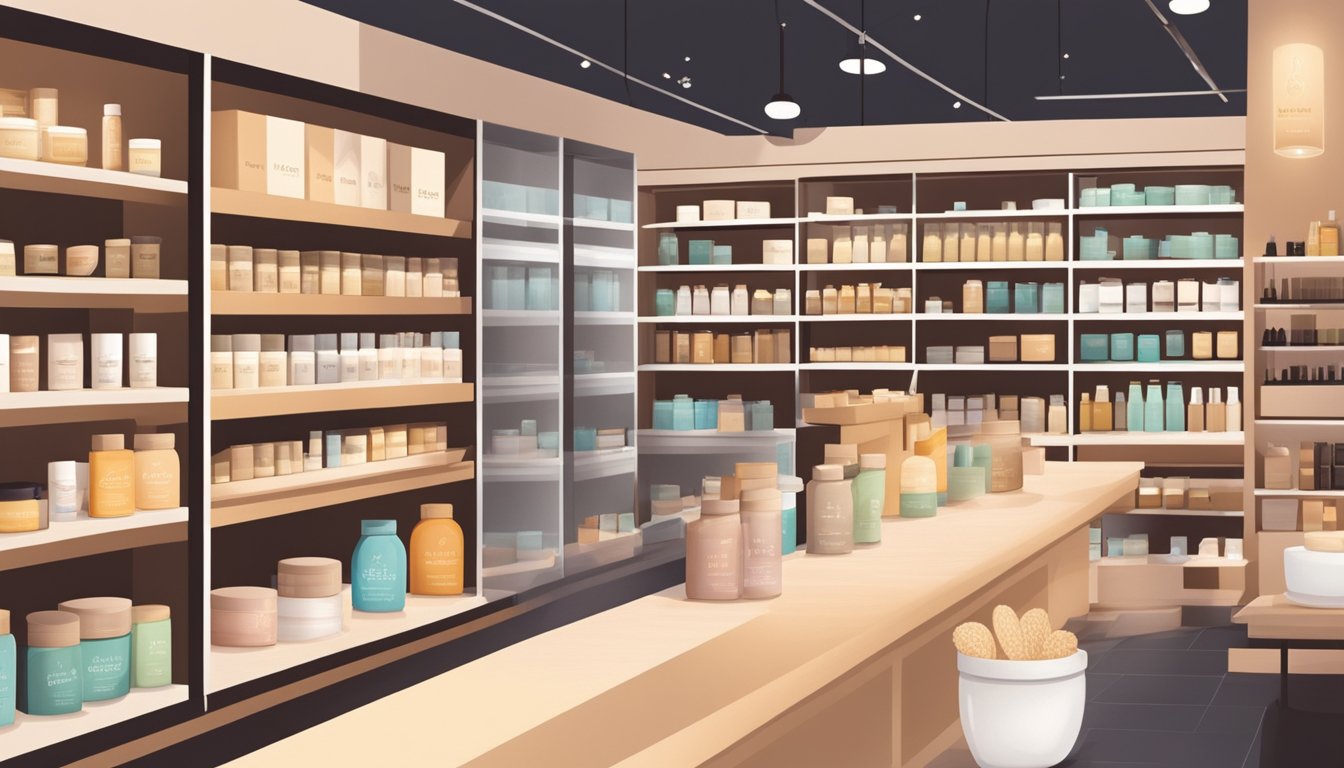 A hand reaches for a jar of shea butter in a modern Singaporean skincare shop. Shelves are lined with various beauty products, and soft lighting creates a warm, inviting atmosphere