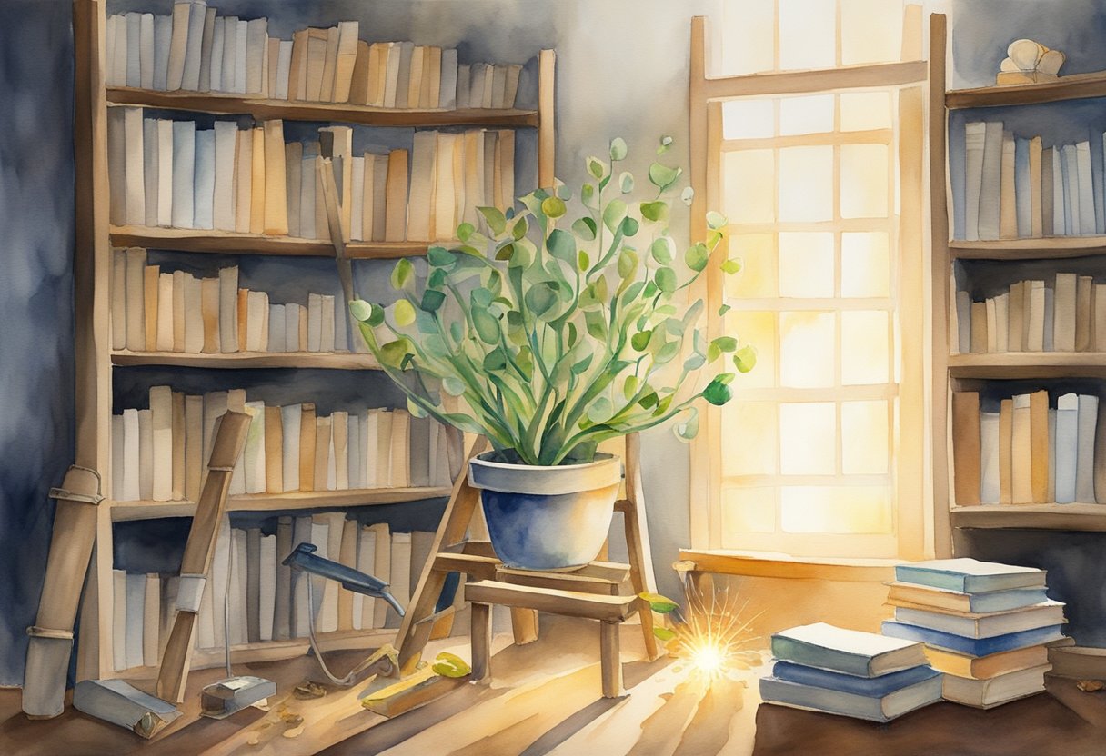 A sprouting seed breaking through soil, surrounded by books, tools, and a ladder reaching towards a shining light