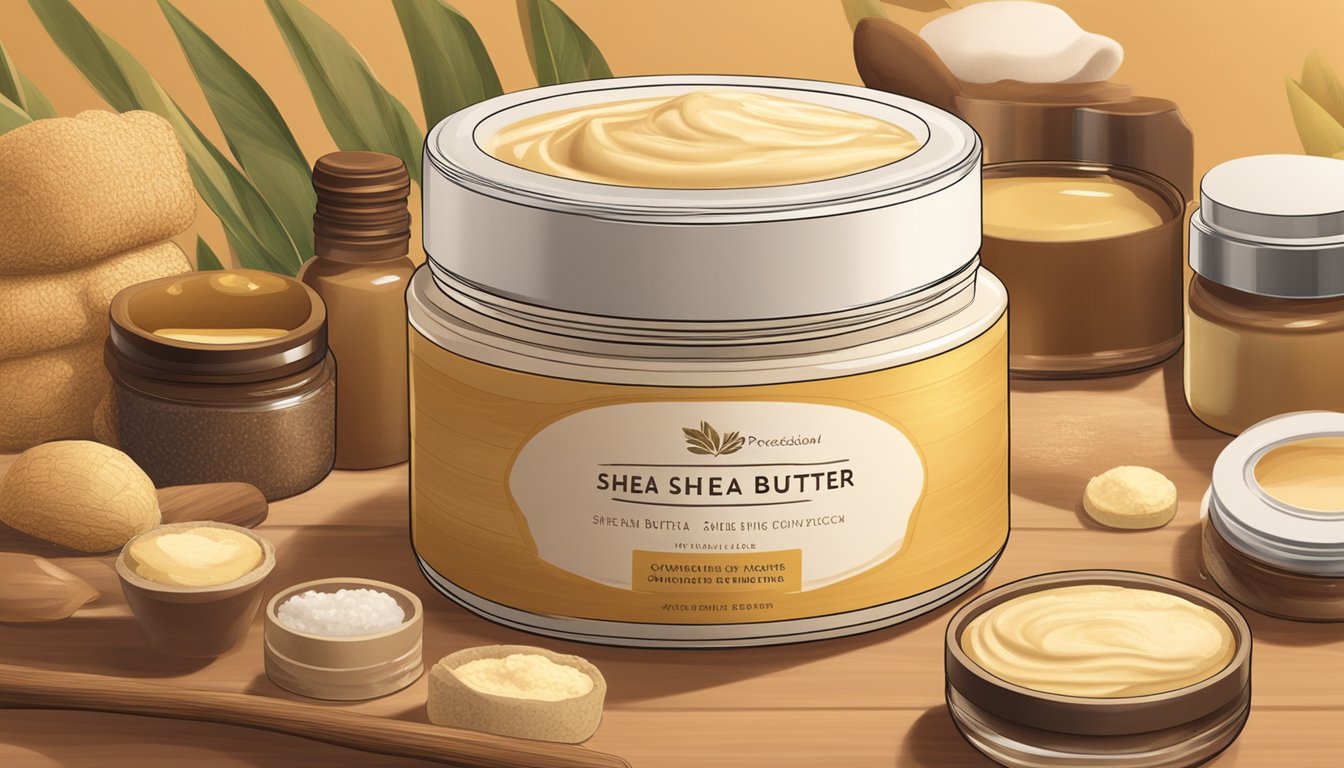 A jar of shea butter sits on a wooden table, surrounded by various skincare products. The warm, golden hue of the shea butter catches the light, emphasizing its natural and nourishing properties