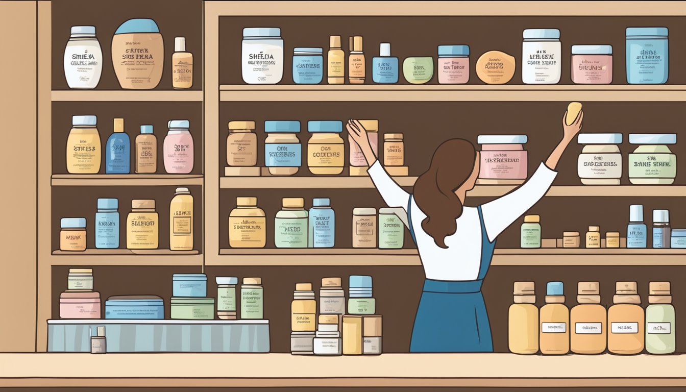 A hand reaches for a jar of shea butter on a shelf, surrounded by various skincare products. The label reads "Choosing the Right Shea Butter" with a tagline "buy shea butter singapore."