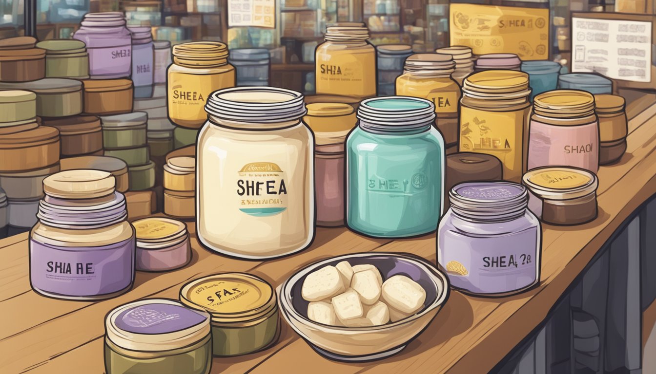 A jar of shea butter surrounded by various FAQ signs in a Singaporean market setting