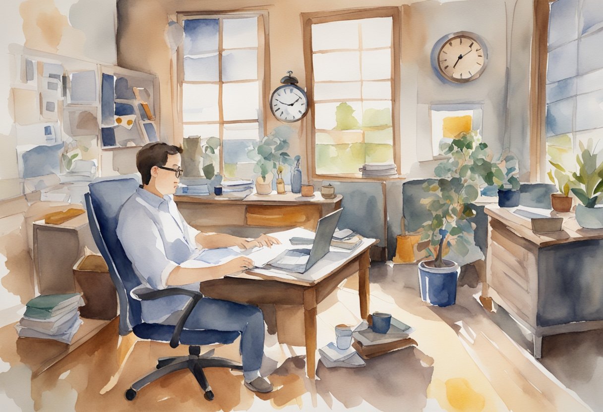 A desk cluttered with unfinished tasks, a clock ticking away, and a person lounging in a chair with a smug expression