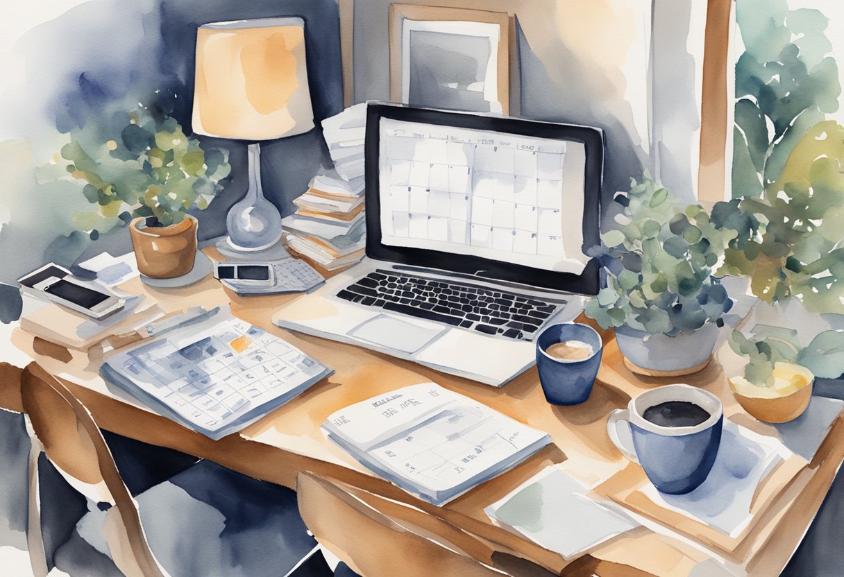 A cluttered desk with a calendar stuck on yesterday, a half-finished to-do list, and a clock ticking away. A person lounging in a chair with a cup of coffee, surrounded by distractions like a TV and a phone