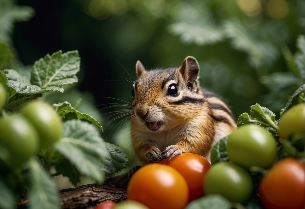 A chipmunk nibbles on a ripe tomato plant, its cheeks bulging with the juicy fruit as it sits among the green foliage