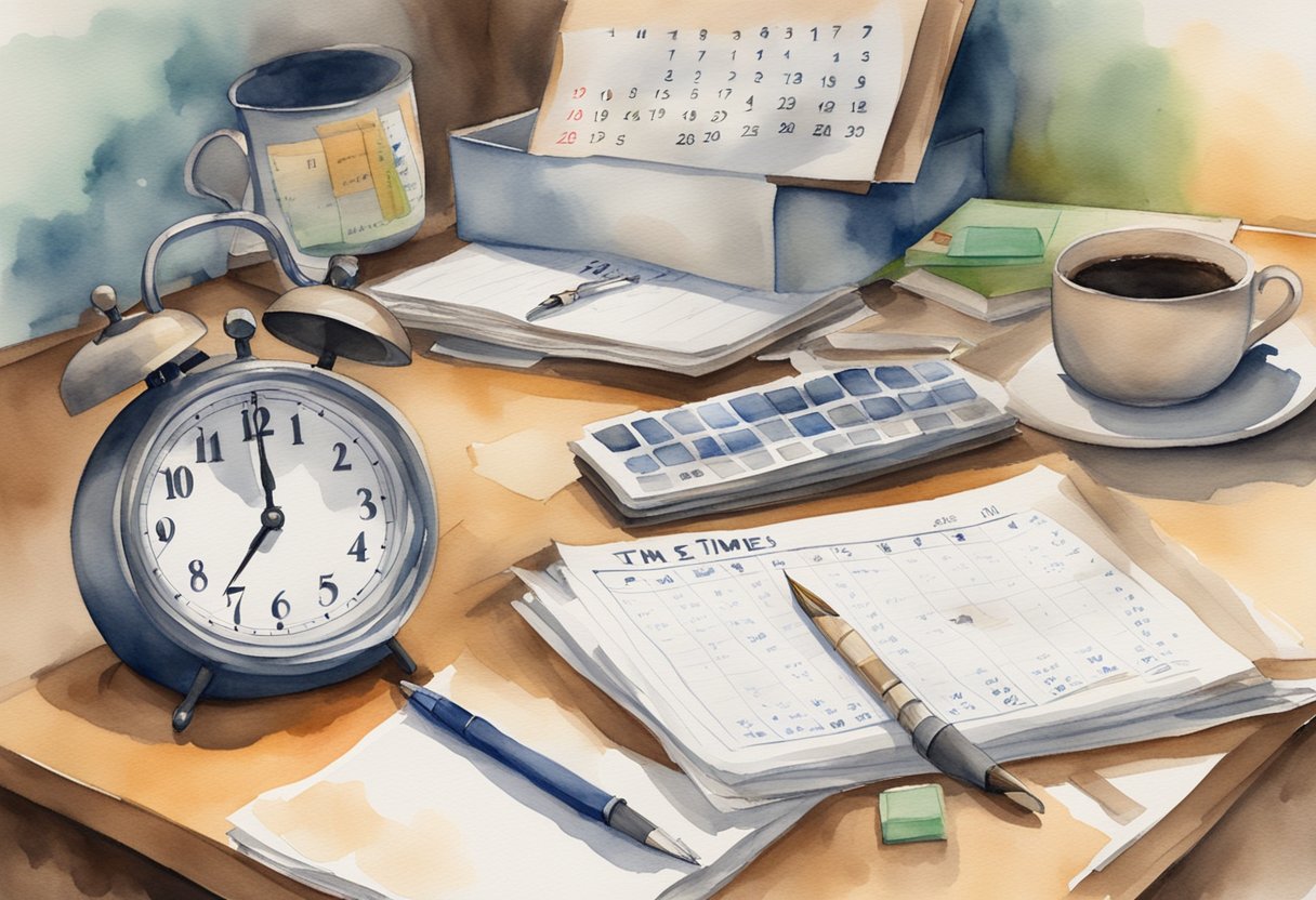 A cluttered desk with a calendar showing past due dates, a half-empty coffee cup, and a stack of unfinished tasks. A clock on the wall shows the time passing