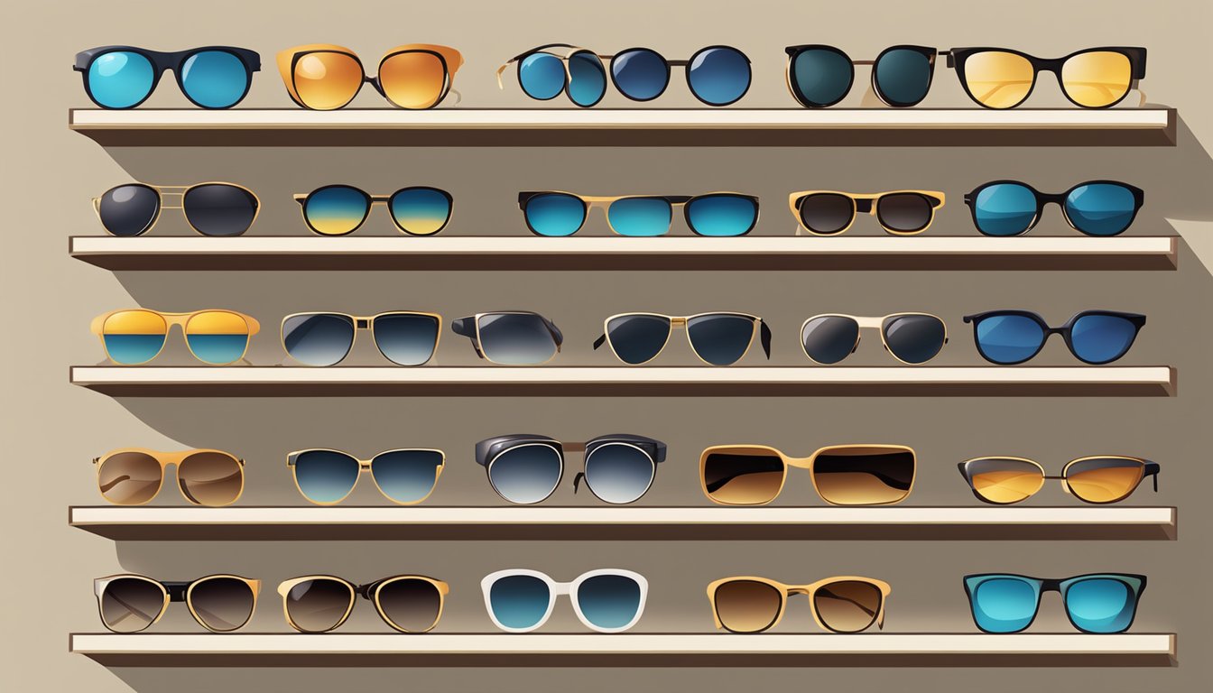 A display of various sunglasses in a well-lit boutique, with a variety of styles and colors arranged neatly on shelves and racks