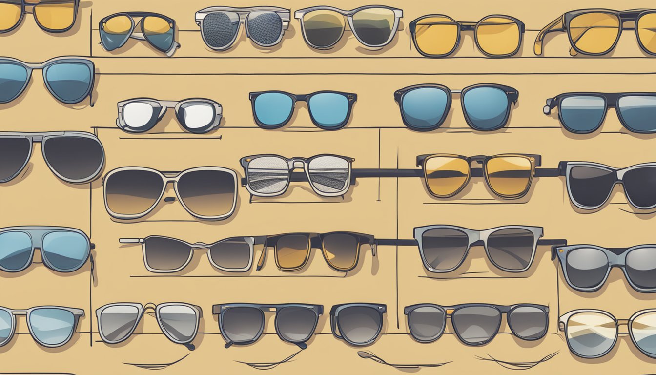 A display of various sunglasses with price tags, surrounded by a sign that reads "Frequently Asked Questions about buying sunglasses in Singapore."