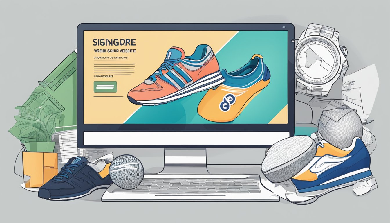 A computer screen displaying a website with various sports shoes, a credit card, and a Singapore map in the background