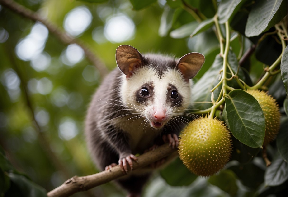 A possum perches on a passionfruit vine, nibbling on the ripe fruit with its sharp teeth